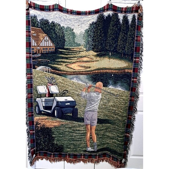 Vintage Ladies Golf Themed Plaid Border Fringed Throw Blanket FLAW - Picture 1 of 11